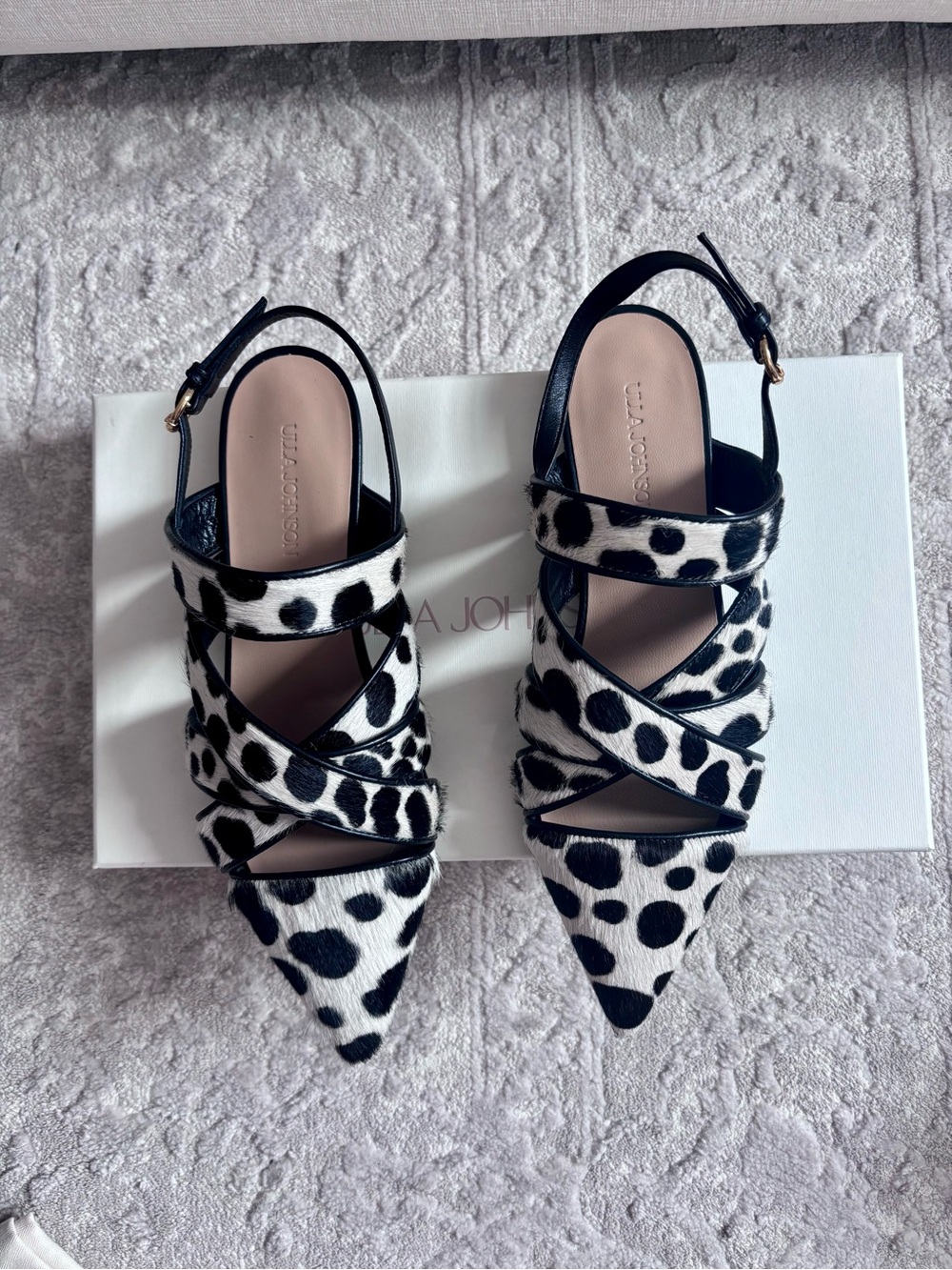 Ulla Johnson Pony Hair Black and White Dalmatian-Print Pointed Slingback Flats